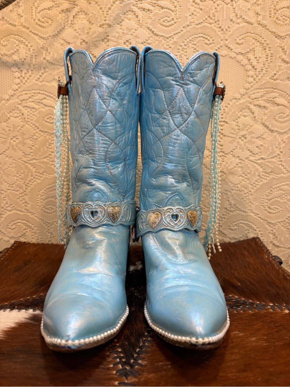 Handcrafted Tony Lama Metallic Light Blue Western Heart Accent Bridal Bling Boot - Picture 2 of 13